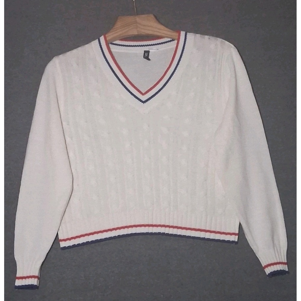 Divided Tennis Cricket Sweater Ivory Cable Knit V-Neck Womens Size Large